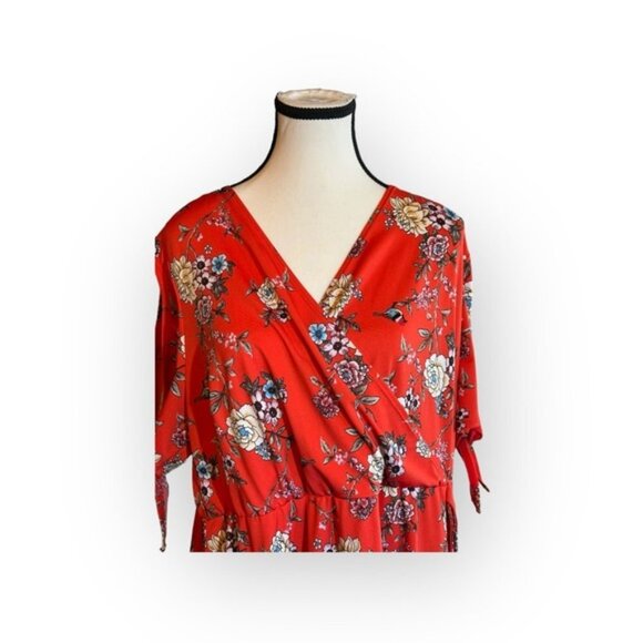 Women’s 2X Michel Studio Red Orange Wrap Front Floral Dress Short Slit Sleeve - Picture 3 of 9